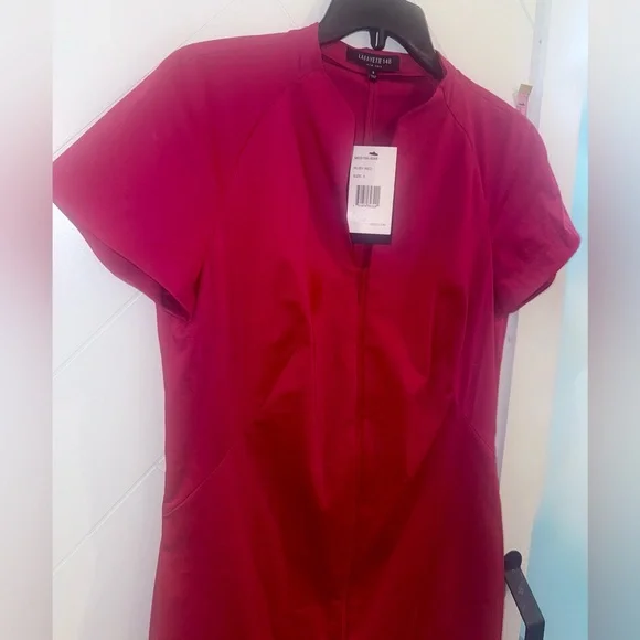 Lafayette 148 New York full Zip Front Midi Sheath Dress Ruby Red US 6 NWT $498